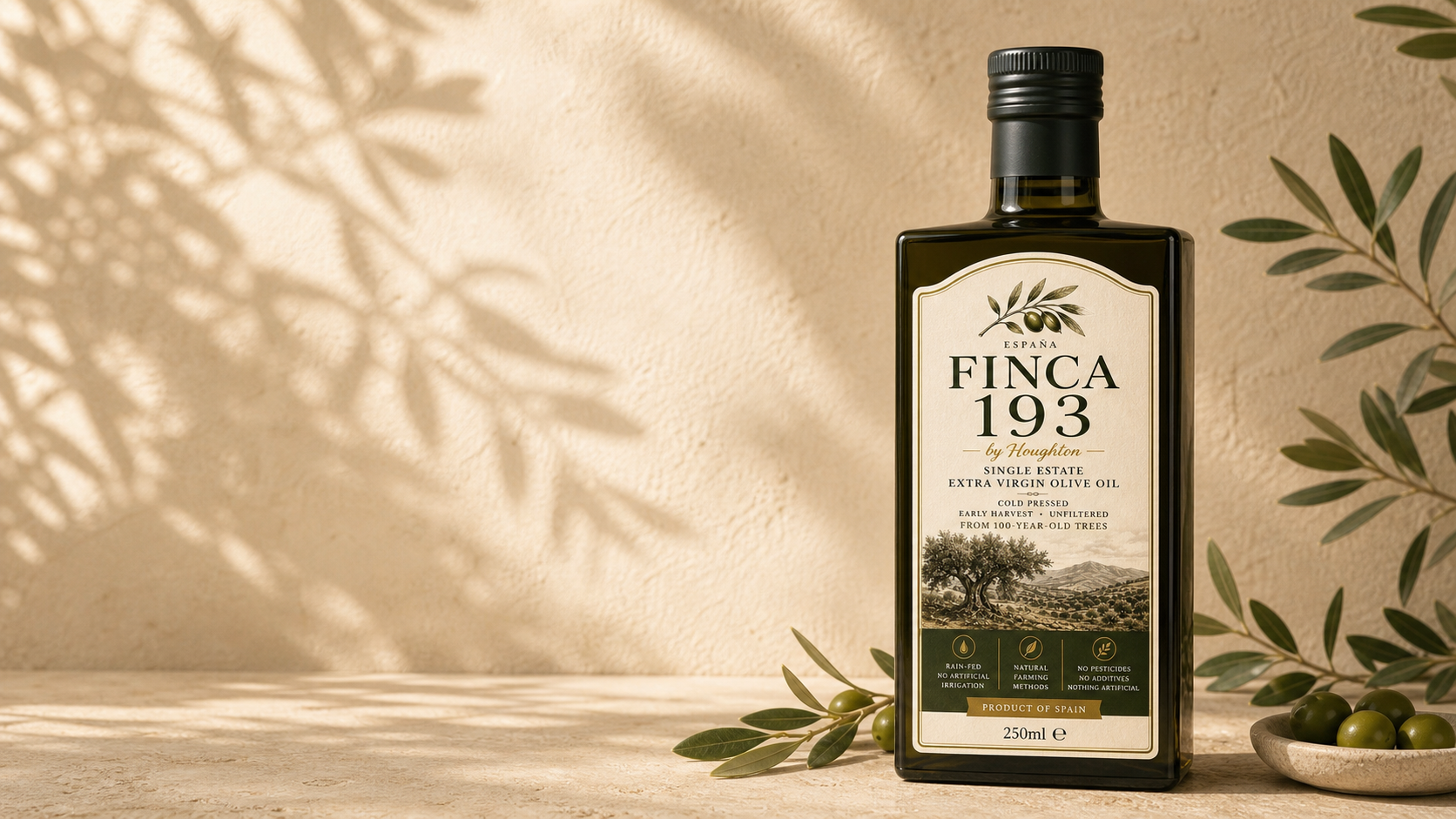 Finca 193 olive oil bottle with the estate front label